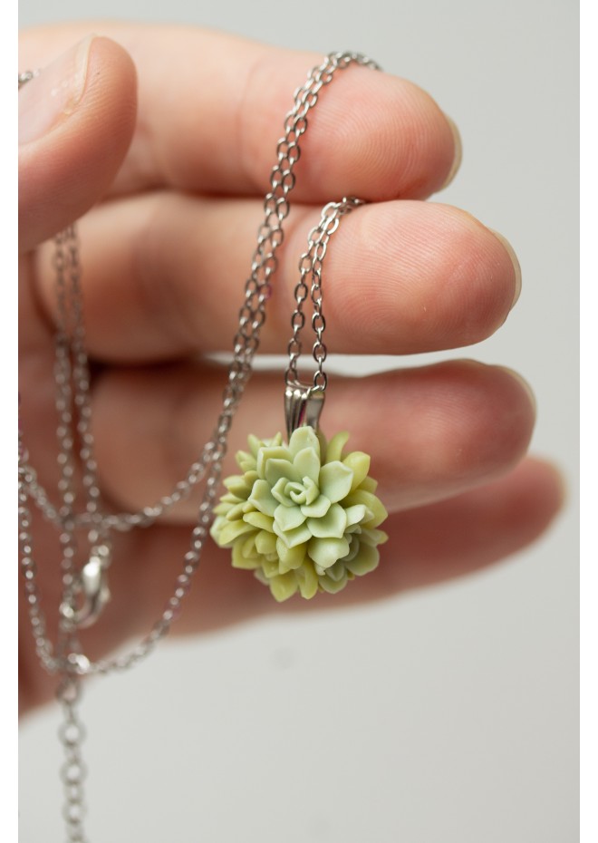 Handcrafted Succulent Necklace – Green Polymer Clay Pendant