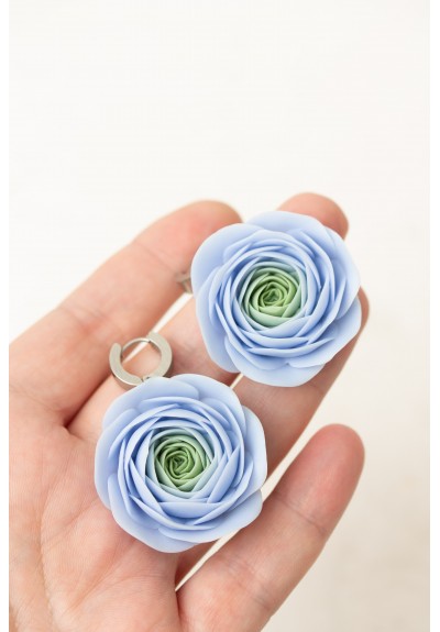 Handmade Blue Ranunculus Rose Earrings – Large Polymer Clay Statement Jewelry for Special Occasions