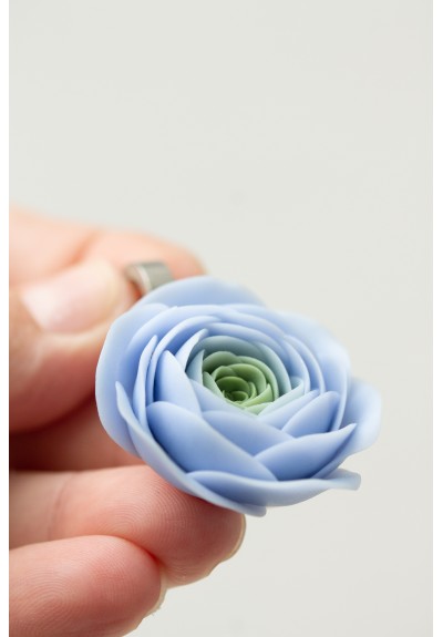 Handmade Blue Ranunculus Rose Earrings – Large Polymer Clay Statement Jewelry for Special Occasions