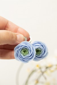Handmade Blue Ranunculus Rose Earrings – Large Polymer Clay Statement Jewelry for Special Occasions