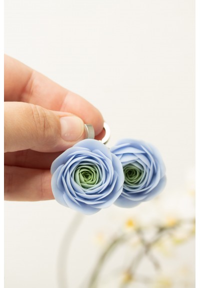 Handmade Blue Ranunculus Rose Earrings – Large Polymer Clay Statement Jewelry for Special Occasions