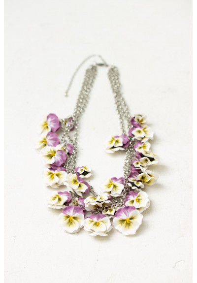White & Violet Pansy Flower Necklace | Bold Handmade Statement Piece
