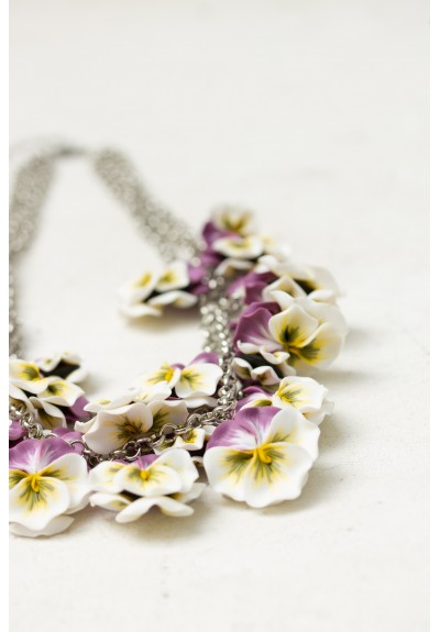 White & Violet Pansy Flower Necklace | Bold Handmade Statement Piece