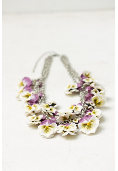 White & Violet Pansy Flower Necklace | Bold Handmade Statement Piece