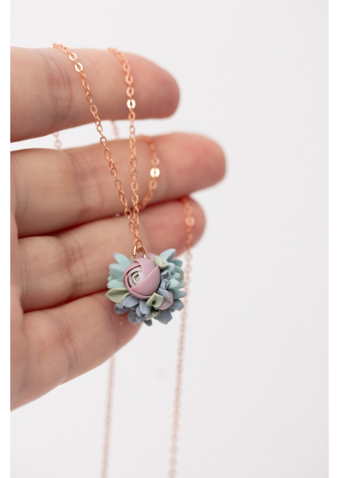 Blush and Blue Succulent Necklace – Delicate Polymer Clay Jewelry