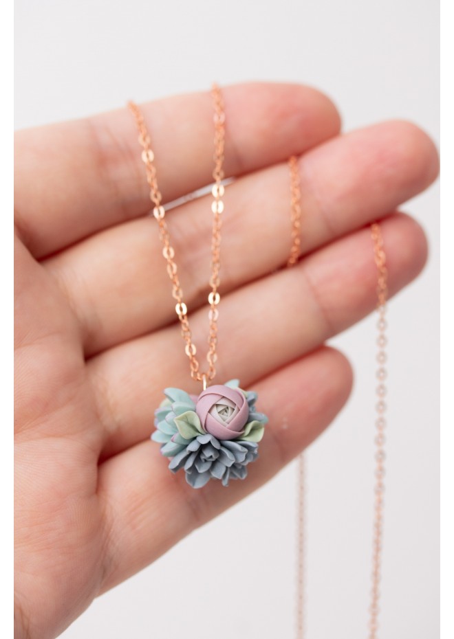 Blush and Blue Succulent Necklace – Delicate Polymer Clay Jewelry