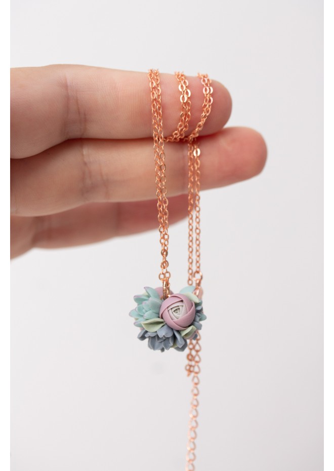 Blush and Blue Succulent Necklace – Delicate Polymer Clay Jewelry