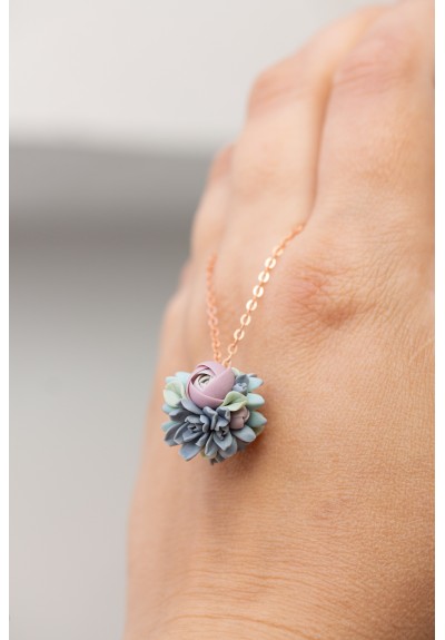 Succulent Bouquet Necklace in Blush & Blue – Handmade in Polymer Clay