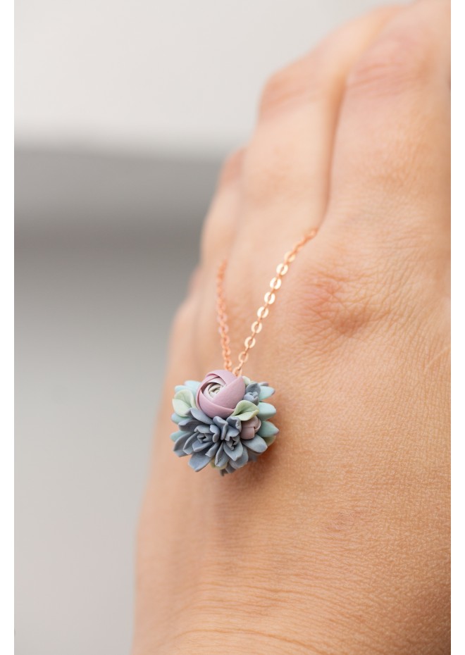 Blush and Blue Succulent Necklace – Delicate Polymer Clay Jewelry