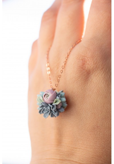 Succulent Bouquet Necklace in Blush & Blue – Handmade in Polymer Clay