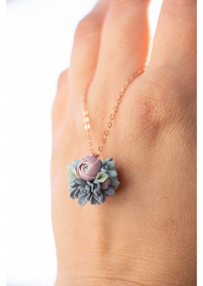 Blush and Blue Succulent Necklace – Delicate Polymer Clay Jewelry