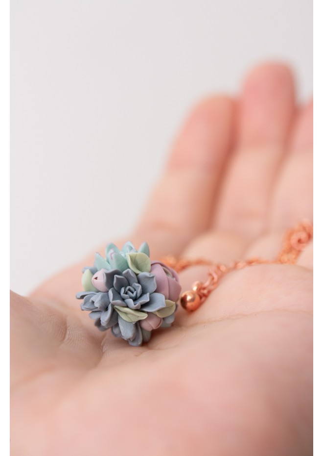 Blush and Blue Succulent Necklace – Delicate Polymer Clay Jewelry