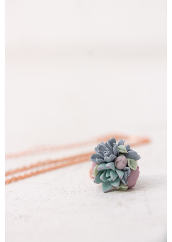 Blush and Blue Succulent Necklace – Delicate Polymer Clay Jewelry