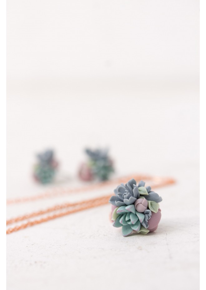 Blush and Blue Succulent Necklace – Delicate Polymer Clay Jewelry