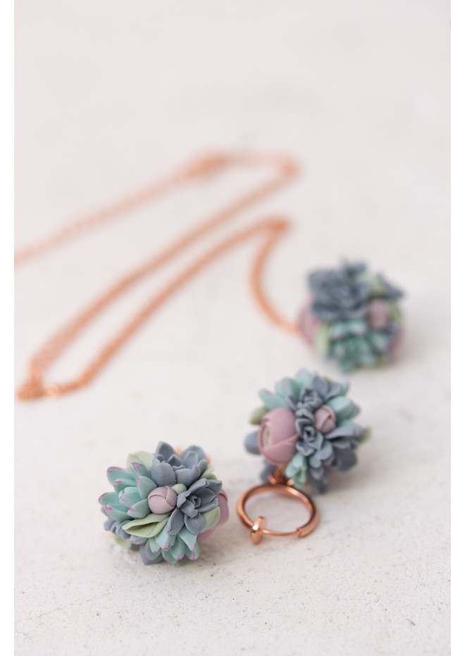 Blush and Blue Succulent Necklace – Delicate Polymer Clay Jewelry