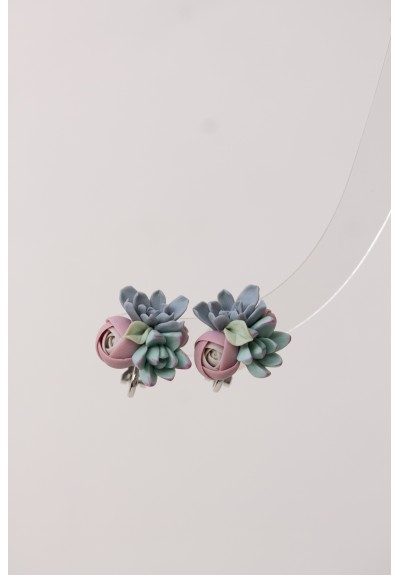 Handcrafted Succulent Bouquet Earrings – Blue, Pastel Rose & Mint
