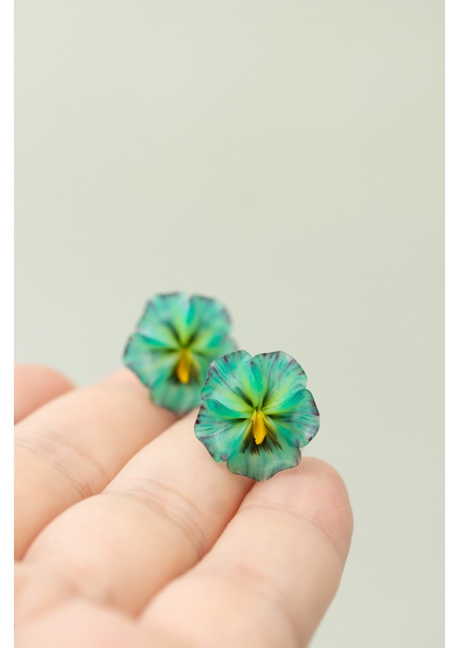 Mint Pansy Stud Earrings | Handmade Hypoallergenic Flower Jewelry