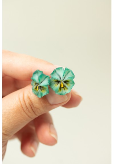 Handmade Pansy Stud Earrings in Mint
