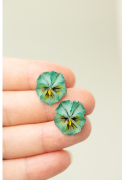 Handmade Pansy Stud Earrings in Mint