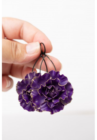 Purple Flower Statement Earrings – Long Handmade Floral Jewelry with Gold Edges – Lightweight Big Earrings