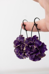 Purple Flower Statement Earrings – Long Handmade Floral Jewelry with Gold Edges – Lightweight Big Earrings