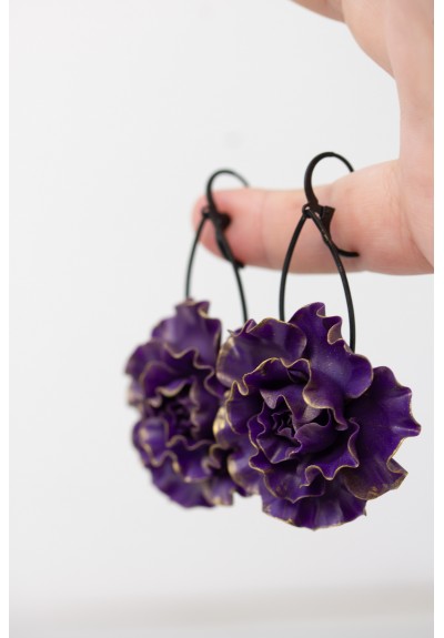 Purple Flower Statement Earrings – Long Handmade Floral Jewelry with Gold Edges – Lightweight Big Earrings