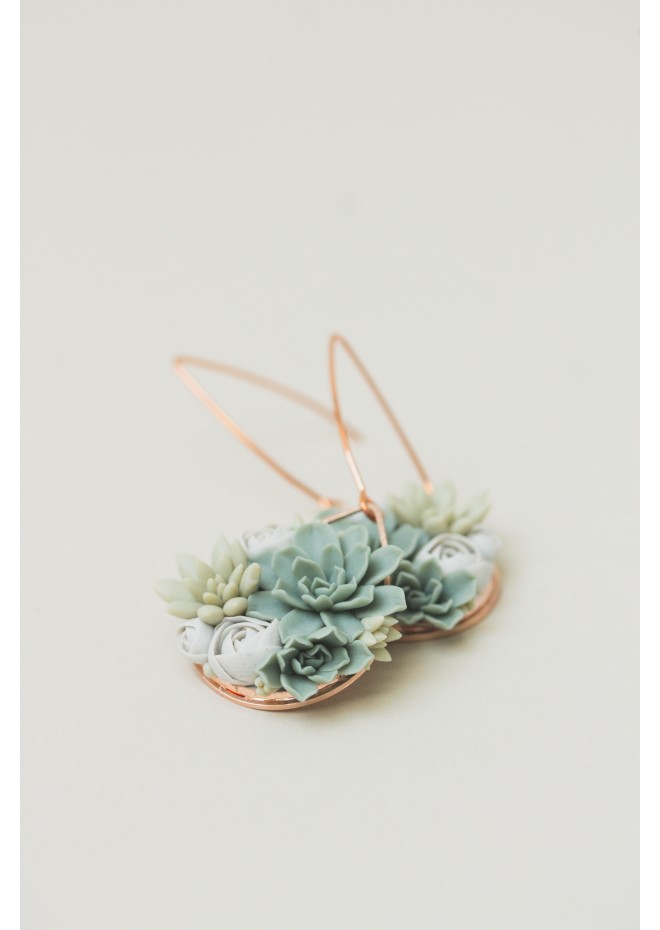 Handmade Gray‑Green Succulent Earrings (Polymer Clay, Rose Gold)