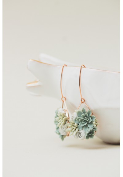Succulent Drop Earrings - Lightweight Handmade Botanical Jewelry, Gray Green Earrings, Rose Gold Stainless Steel