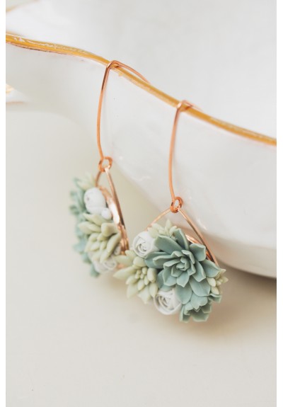 Succulent Drop Earrings - Lightweight Handmade Botanical Jewelry, Gray Green Earrings, Rose Gold Stainless Steel