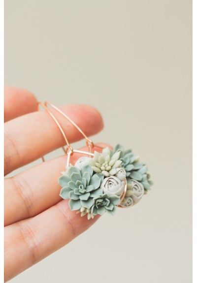 Succulent Drop Earrings - Lightweight Handmade Botanical Jewelry, Gray Green Earrings, Rose Gold Stainless Steel