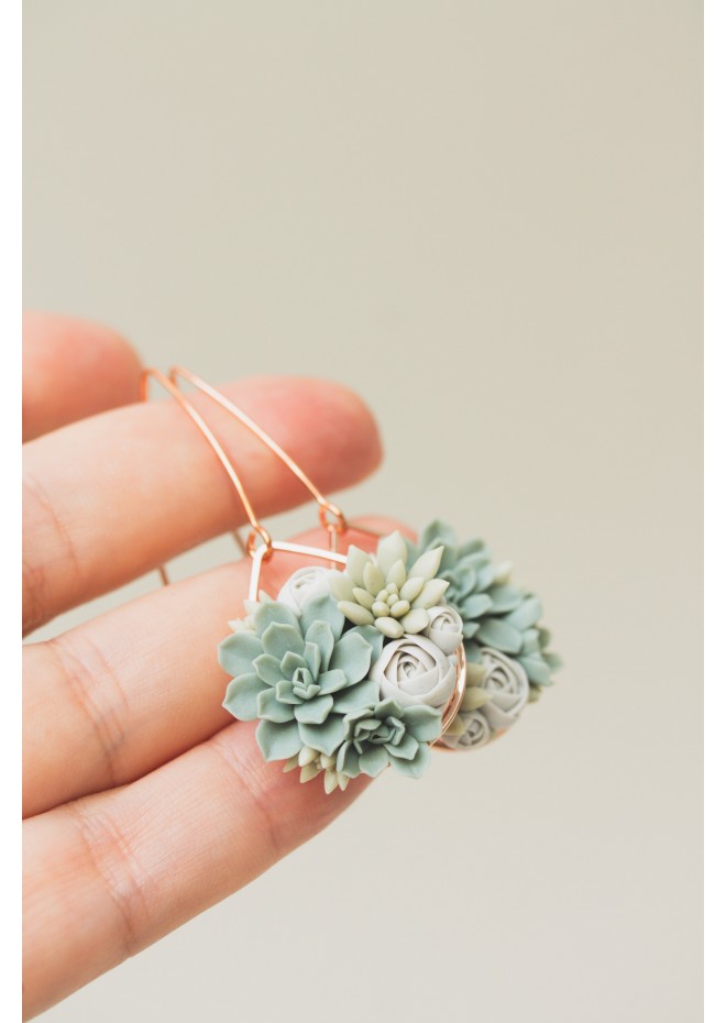 Handmade Gray‑Green Succulent Earrings (Polymer Clay, Rose Gold)