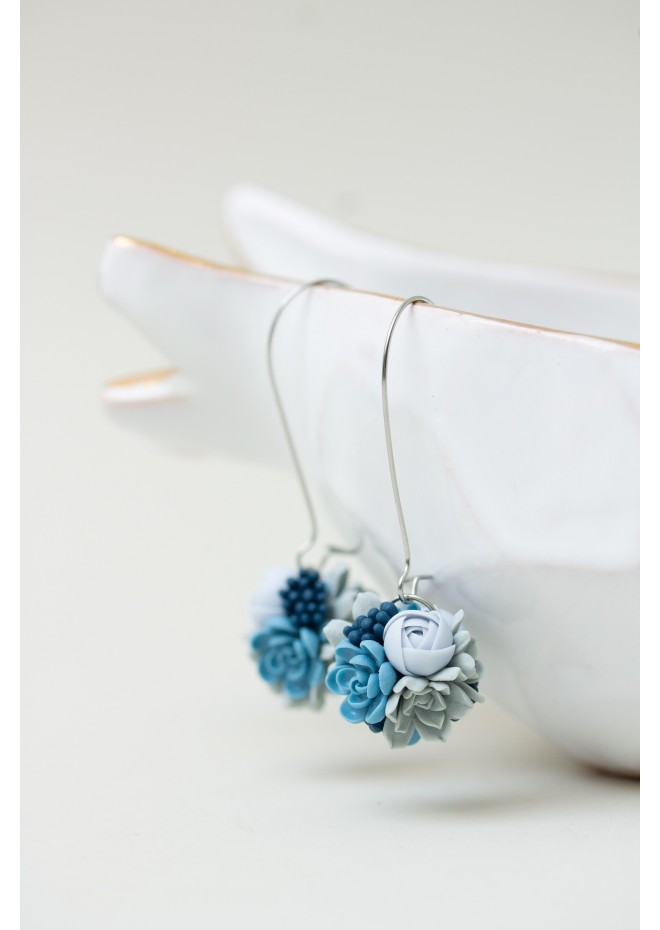 Handmade Blue and Gray Succulent Earrings (Polymer Clay)