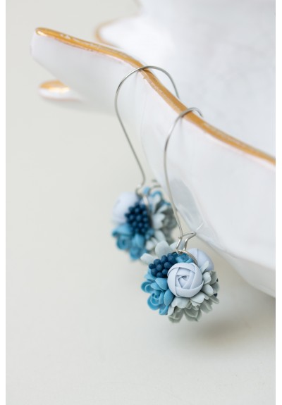 Blue Succulent Earrings – Handmade Polymer Clay Bouquet Ball on Long Stainless Steel Hooks