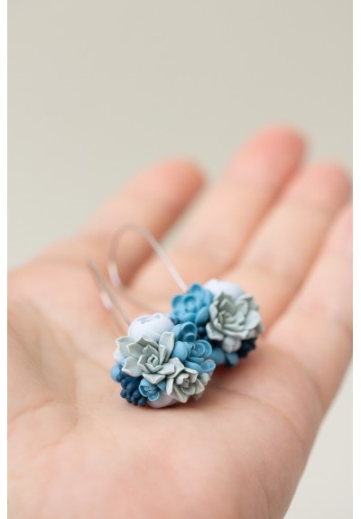 Blue Succulent Earrings – Handmade Polymer Clay Bouquet Ball on Long Stainless Steel Hooks