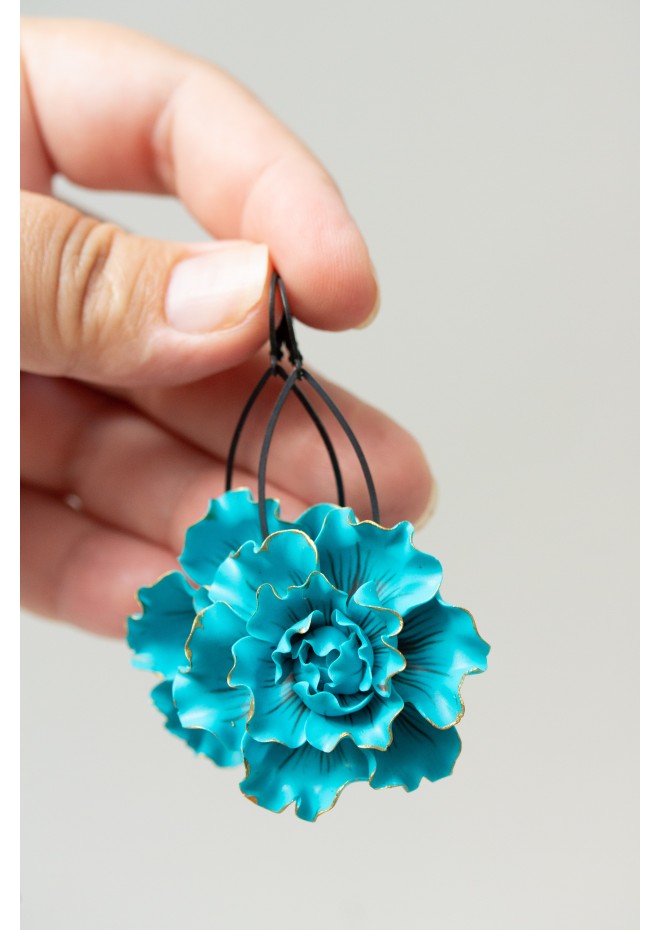 Blue gold Flowers Statement earrings, polymer clay earrings