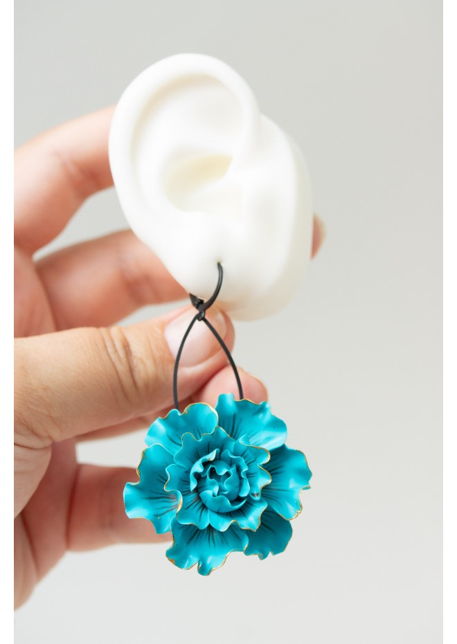 Blue gold Flowers Statement earrings, polymer clay earrings