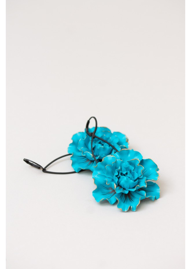 Blue gold Flowers Statement earrings, polymer clay earrings