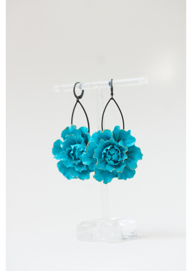 Blue gold Flowers Statement earrings, polymer clay earrings