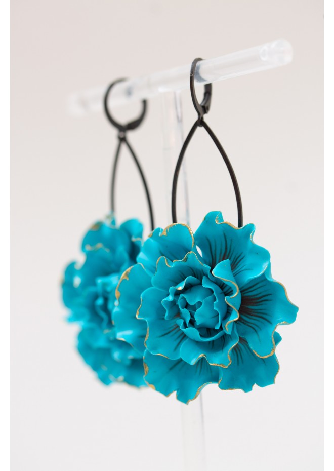 Blue gold Flowers Statement earrings, polymer clay earrings
