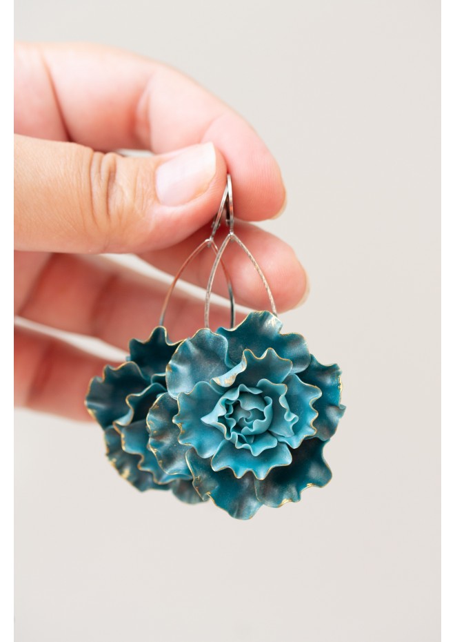Curly Teal Flower Earrings