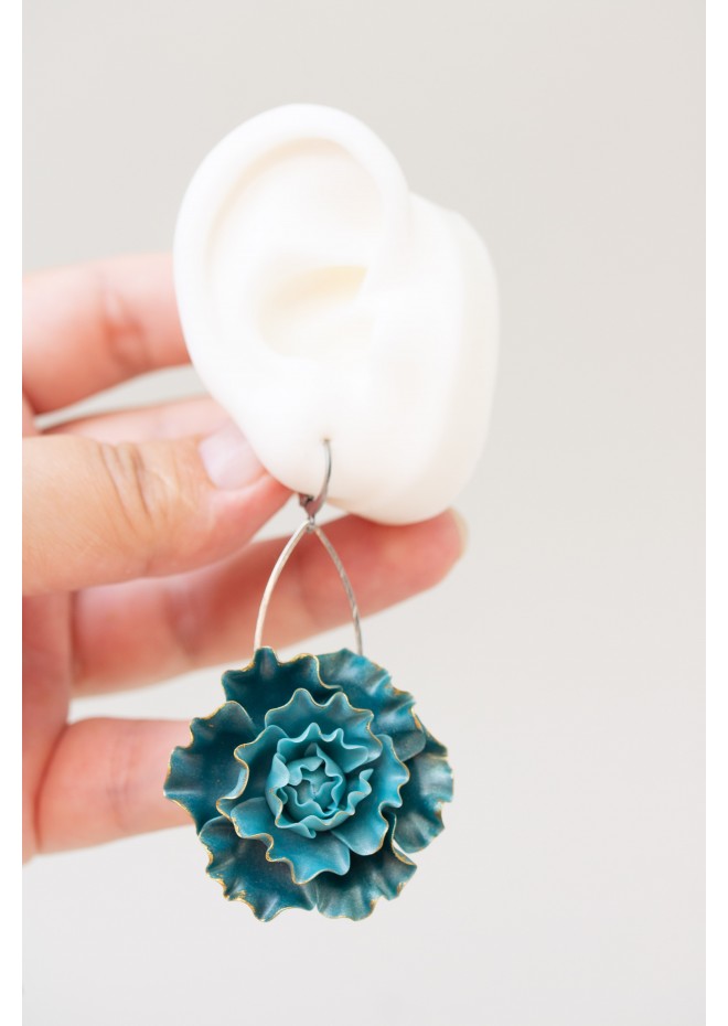 Curly Teal Flower Earrings