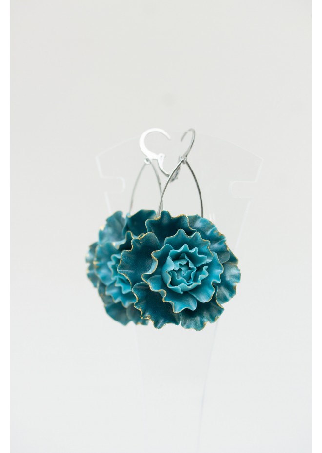 Curly Teal Flower Earrings