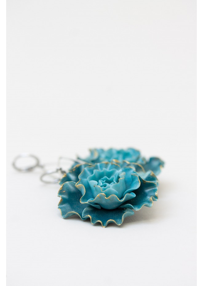 Curly Teal Flower Earrings