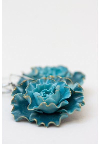 Curly Teal Flower Earrings – Lightweight Handmade Jewelry