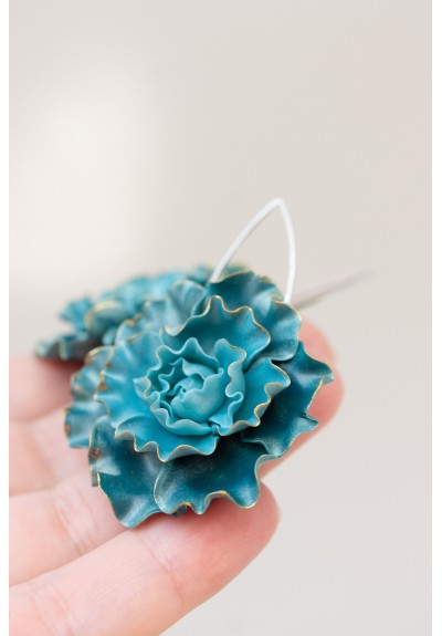Curly Teal Flower Earrings – Lightweight Handmade Jewelry