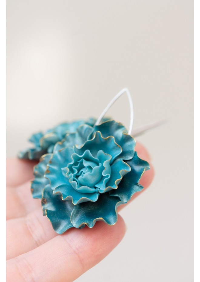 Curly Teal Flower Earrings