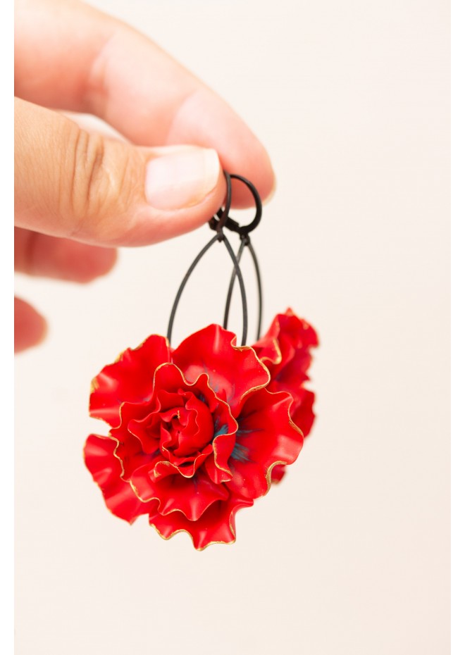 Red gold Flowers Statement earrings, polymer clay earrings