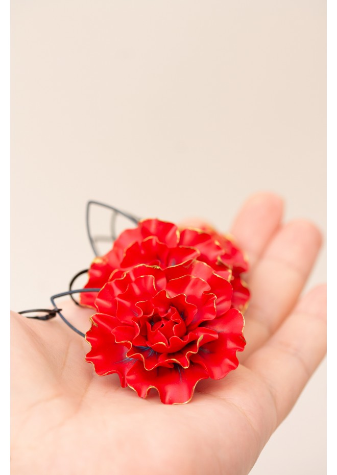 Red gold Flowers Statement earrings, polymer clay earrings