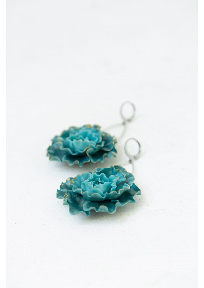 Curly Teal Flower Earrings