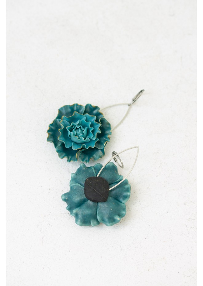 Curly Teal Flower Earrings